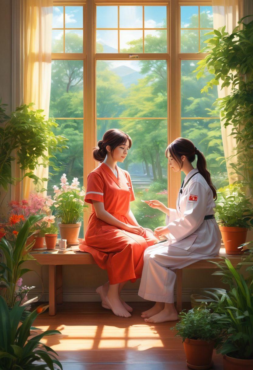 A serene, tranquil scene depicting a nurse and a patient engaged in anime art therapy, surrounded by vibrant anime characters coming to life around them, symbolizing healing and hope. Bright colors blend harmoniously, evoking a sense of calm and inspiration, with gentle sunlight streaming through a window filled with plants. The atmosphere feels both comforting and uplifting, emphasizing the fusion of art and wellness. super-realistic. vibrant colors. soft lighting.