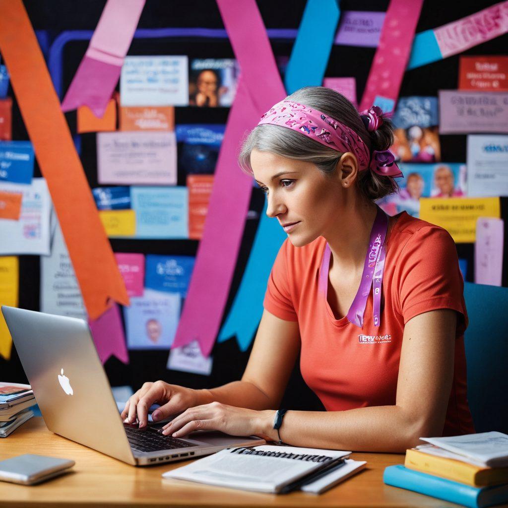 A thought-provoking scene depicting a person transitioning from being entranced by adult content to engaging in passionate advocacy for cancer education. The background features a blend of vibrant imagery showcasing awareness ribbons and educational materials on cancer, while the foreground captures a heartfelt moment of connection, showing compassion and understanding. Incorporate elements of technology, like a laptop or phone displaying educational graphics, symbolizing the bridge between adult content and serious advocacy. super-realistic. vibrant colors. soft lighting.