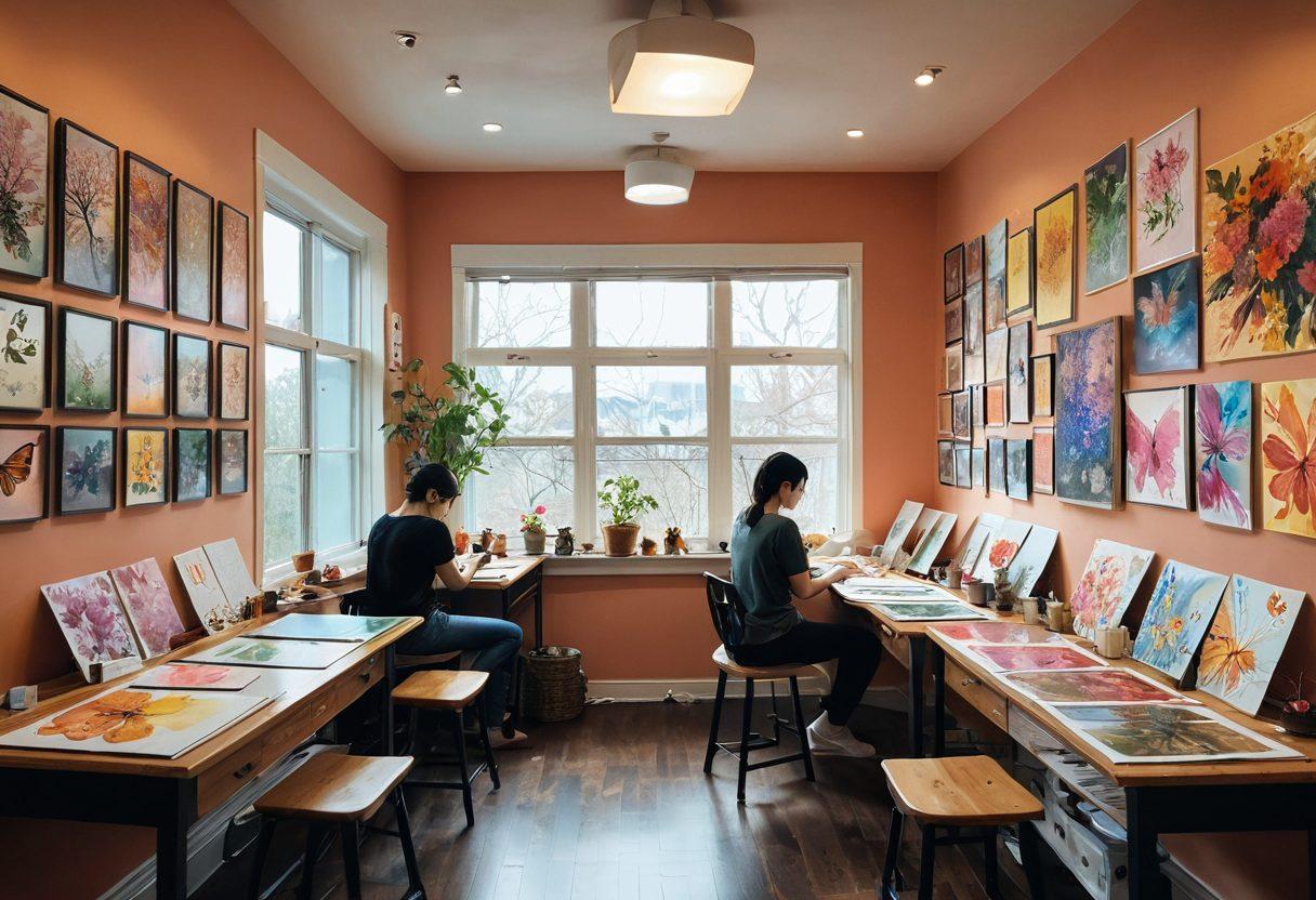 A serene and vibrant art studio filled with colorful anime and hentai-inspired artwork that highlights themes of healing and strength. In the foreground, a diverse group of artists of varying ages are passionately painting canvases depicting symbolic elements like flowers, butterflies, and ribbons that represent cancer awareness. Soft natural light filters through large windows, creating a warm and inviting atmosphere. The walls are adorned with inspiring quotes about resilience and art therapy. surrealism. vibrant colors. soft lighting.